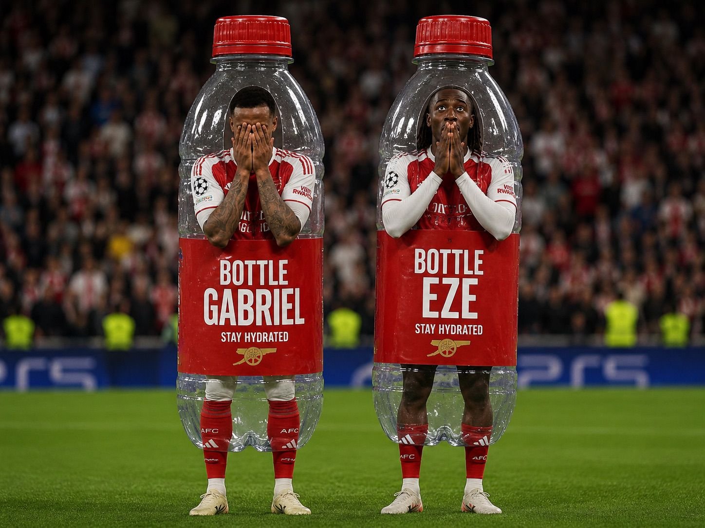 Two Arsenal players edited into bottle costumes
